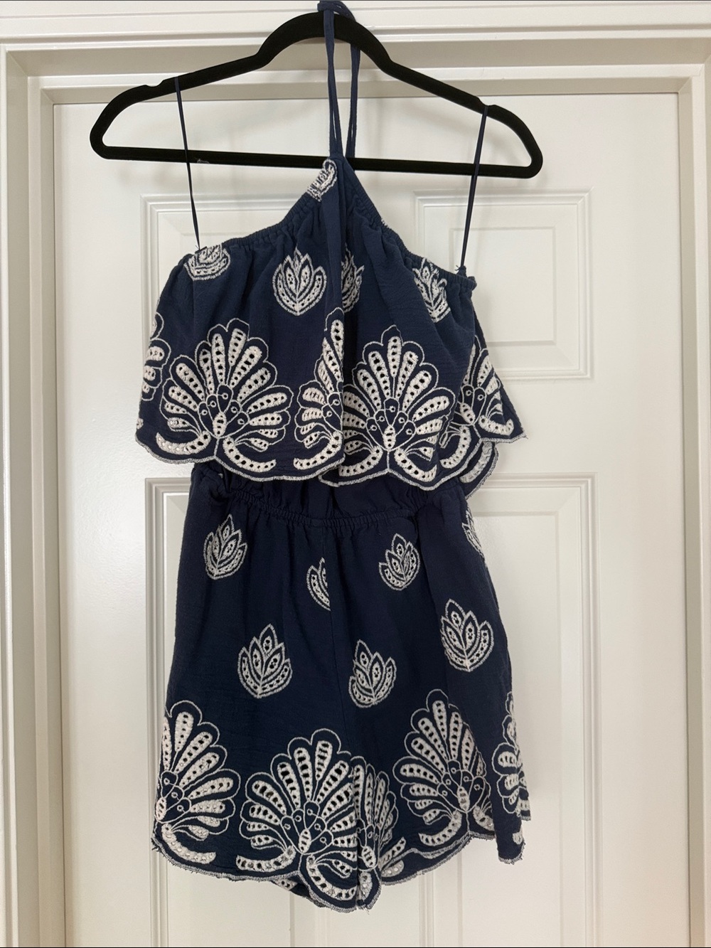 ILLA ILLA Navy Blue Embroidered Halter Romper